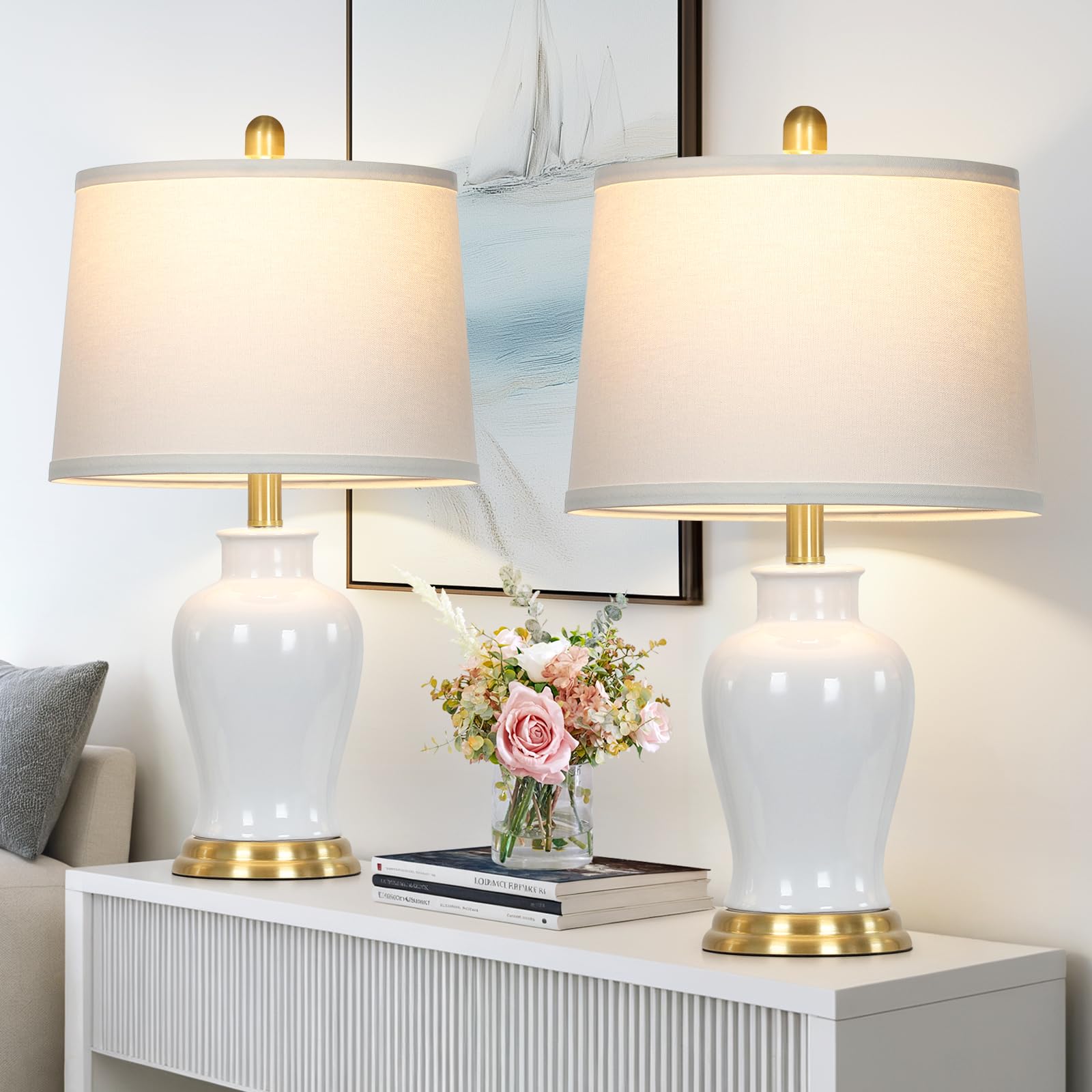 Photo 1 of Modern Ceramic Table Lamps Set of 2, 23" White Ceramic Lamps for Living Room, Rustic Farmhouse Bedside Lamp with Ginger Jar Design, Elegant Bedroom Lamp for Nightstand Desk Side End Table Home Decor