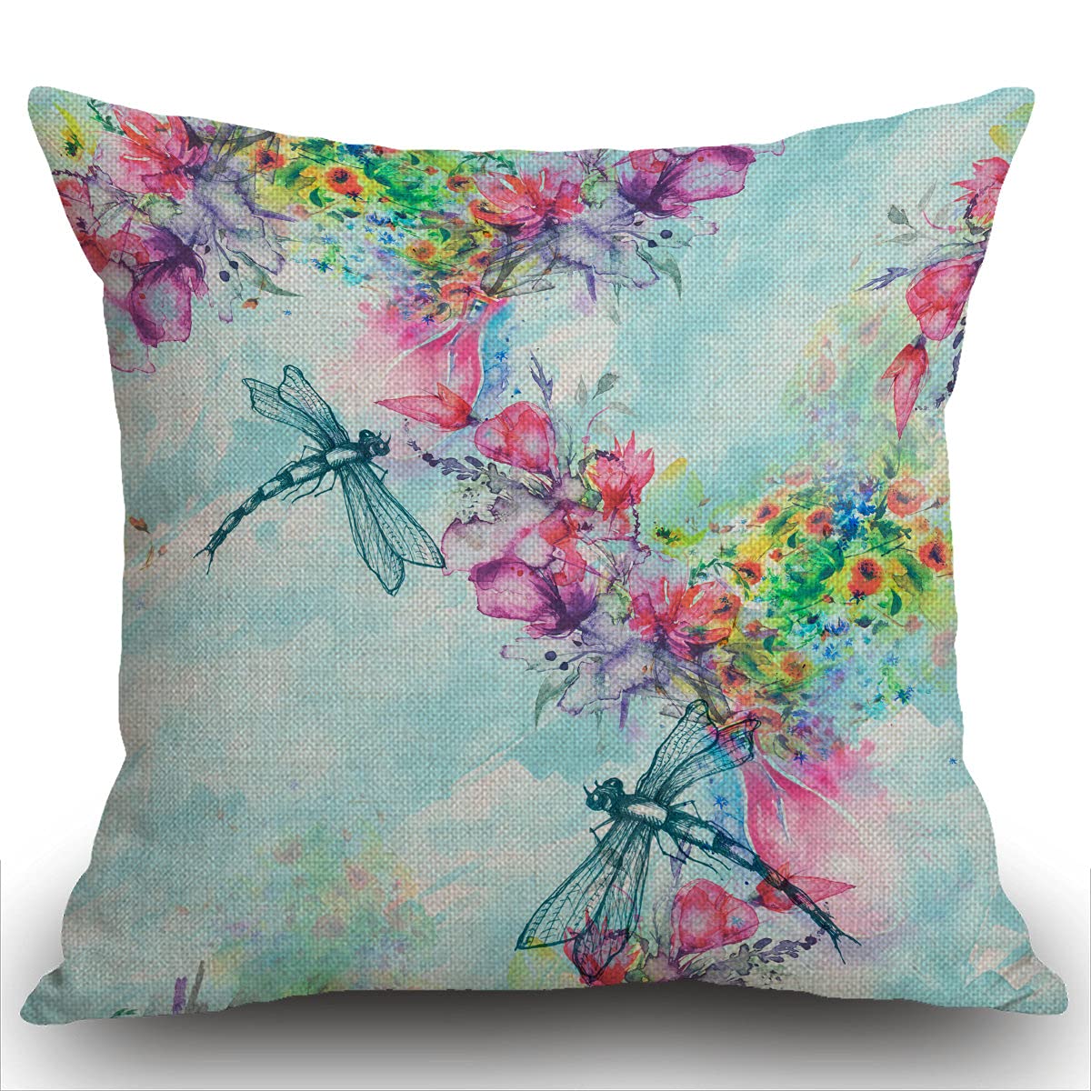 Smooffly Watercolor Flowers Dragonfly Cushion Cover Outdoor Furniture Decorative Linen Square Double Sided Printing Pillow Cover for Home Office Sofa Couch Car Garden 45 x 45cm 18 x 18 inches