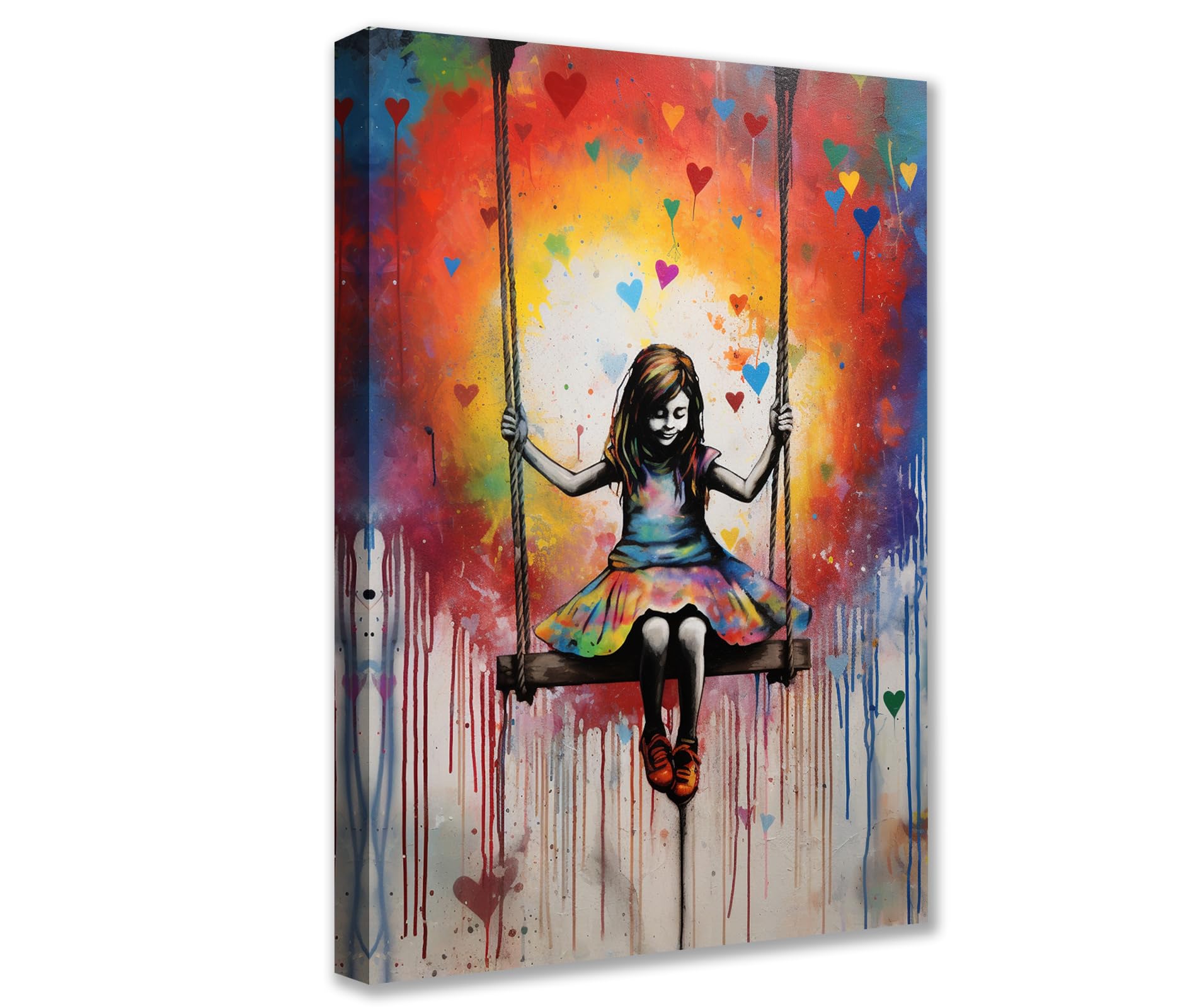 Tucocoo Wall Murals for Bedroom, Little Girl, Swing Painting, 1 Panel, Urban Pop Art Banksy, Colorful, Contemporary Art Piece, Living Room Decoration, Framed, Ready to Hang