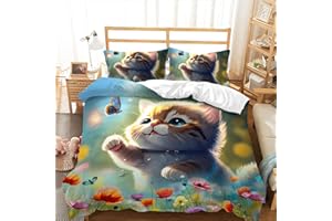 AILONEN Cute Cat Duvet Cover Set for Girls,3 Pieces Full Kids Bedding Kawaii Comforter Cover Set,Spring Floral Cat and Butterfly Comforter Cover Set, 1 Quilt Cover and 2 Pillowcases