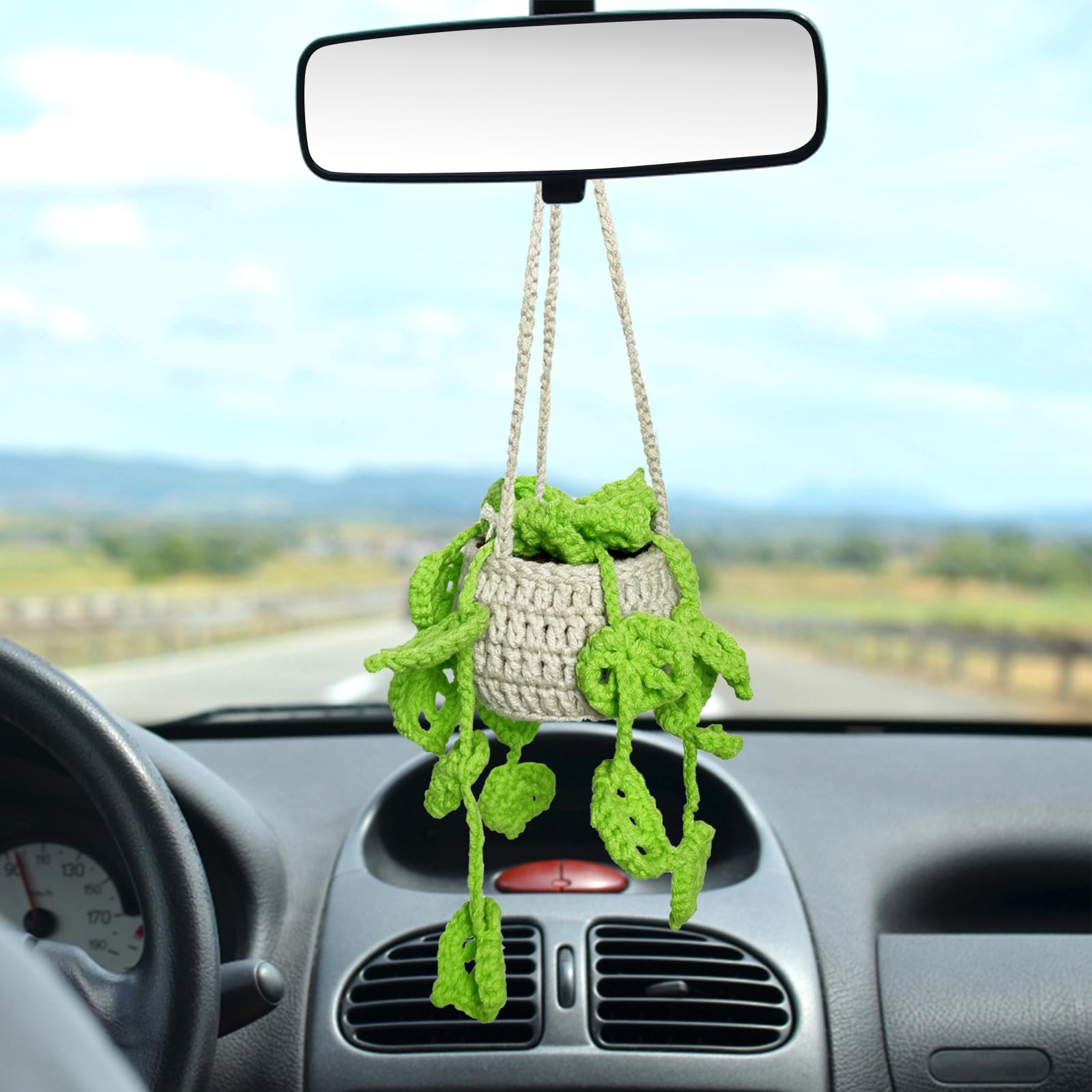 Kunyeah Crochet Hanging Plant for Car, Cute Potted Plants Crochet Decor, Car Mirror Hanging Accessories, Rear View Ornament, Boho Handmade Knitted Pendant (Light Green)