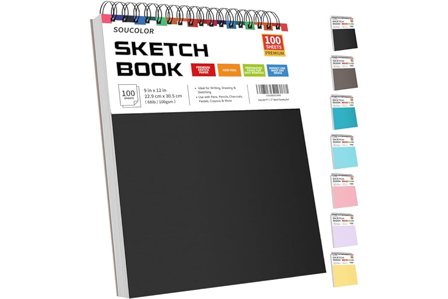 Soucolor 9" x 12" Sketch Book, 100 Sheets Top Spiral Bound Sketchbook with Acid-Free 68lb/100gsm Thick Drawing Paper, Art Ske