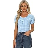 Allegra K Summer Gingham Tops for Women's Plaid Peasant Round Neck Ruffles Cute Puff Sleeve Tops