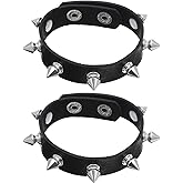 JIYIN 2Pcs Punk Rock Spike Bracelet, Adjustable Leather Studded Bracelet Black Emo Bracelets Gothic Jewelry for 80s 90s Vintage Womens Men Halloween Christmas Punk Gift(2 Short Head)
