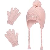Girls Winter Hat Gloves Set, Kids Cat Embroidered Knit Beanie with Earflaps Fleece Lined Pom Ski Cap Christmas Gifts for 4-8Y
