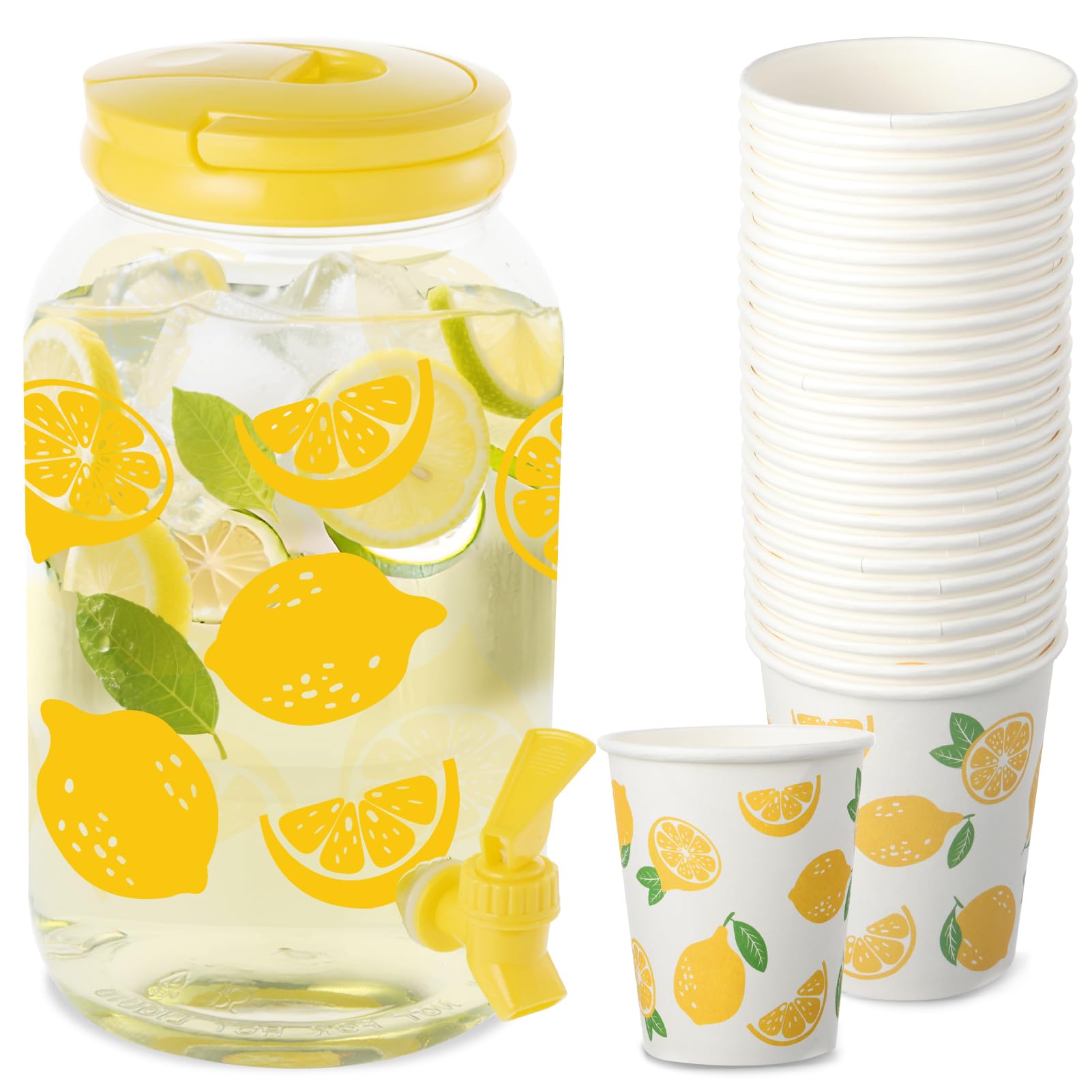 Photo 1 of Lemon Plastic Drink Dispenser and 50 Pcs Lemon Paper Party Cups 1 Gallon Iced Beverage Dispenser Tea Jar with Spigot and Carrying Lid Clear Dispenser for Lemonade Stand Lemon Juice Tea Beer