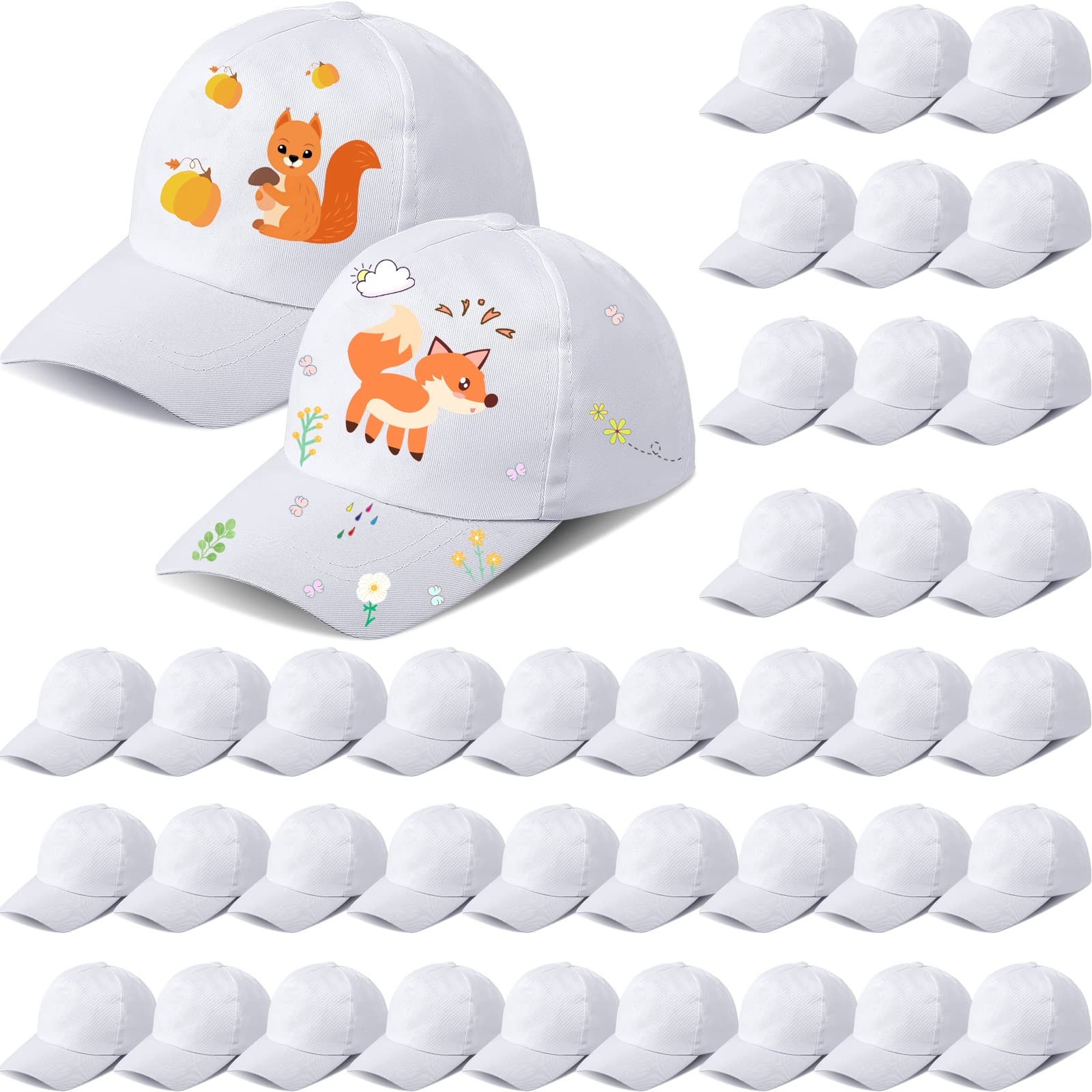 Photo 1 of 30 Pieces White DIY Baseball Hats for Kids Blank Baseball Caps Adjustable Back Strap Sun Hat for DIY Painting Hiking Sport Outdoor Activities (30 Pieces)