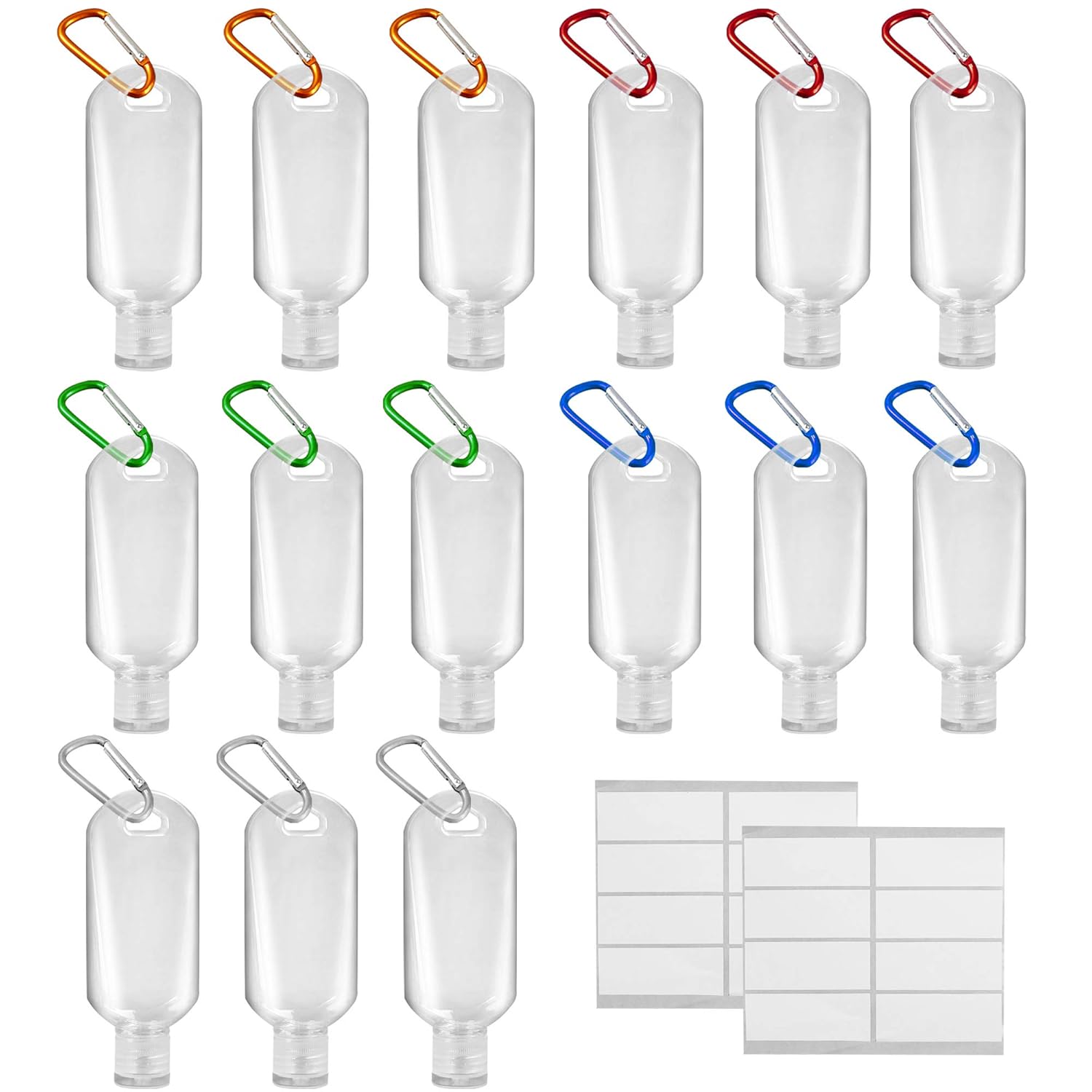 LotFancy 70ml 2.4Oz Travel Bottles with Keychain,15pc Empty Plastic Carabiner Bottle, Clear Bottle, Squeeze Container for Hand Sanitizer, Lotion, Cosmetics, Leakproof, Refillable, 15 labels Included