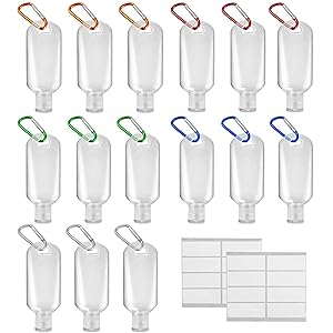 LotFancy 70ml 2.4Oz Travel Bottles with Keychain,15pc Empty Plastic Carabiner Bottle, Clear Bottle, Squeeze Container for Hand Sanitizer, Lotion, Cosmetics, Leakproof, Refillable, 15 labels Included