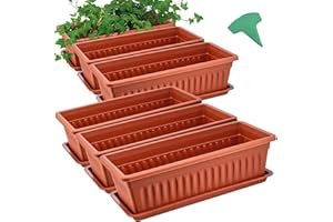 GROWNEER 6 Packs 15 Inches Terracotta Color Flower Window Box Plastic Vegetable Planters Long Pots with 15 Pcs Plant Labels for Outdoor Indoor Windowsill, Patio, Garden, Home Decor, Porch