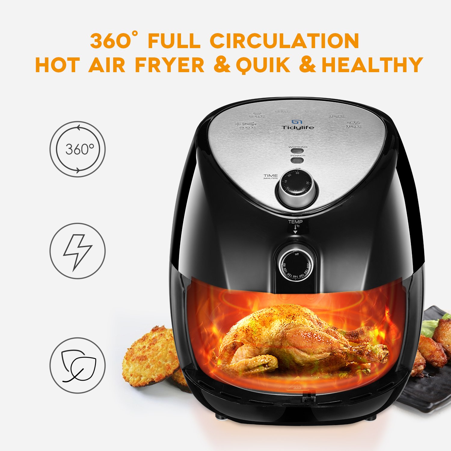 Amazon.com: Tidylife Air Fryer, 4.5 Quart Electric Oil-less Fryer with Smart Time & Temperature Control, Cookbook, 1500 Watt, Black Air Cooker: Kitchen & ...