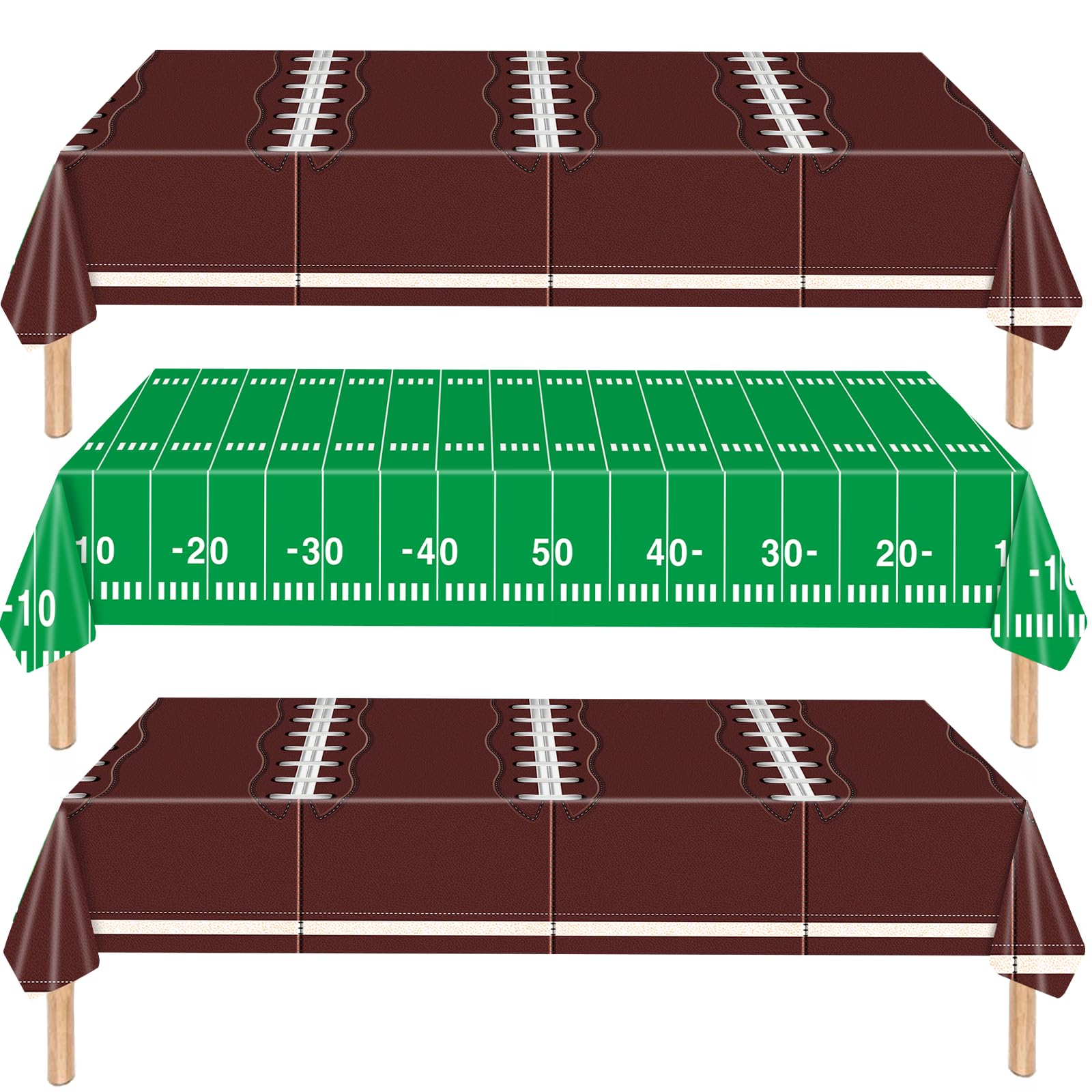 Photo 1 of 3 Pieces Football Disposable Tablecloth - 54 x 108 Inches American Football & Field Pattern Plastic Table Cover for Kids Birthday Parties, Sports-Themed Decorations, and Footballs Fan Party Supplies
