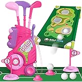 Liberry Toddler Golf Set for 2 3 4 Years Old Girls Boys, Upgraded Kids Golf Cart with Golf Cornhole Board & Putting Mat, Indoor and Outdoor Golf Toys Birthday Gift, Pink