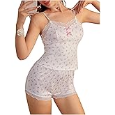 SweatyRocks Women's Romantic Floral Lace Patchwork Pajama Set Slim Fit Knit Sleepwear