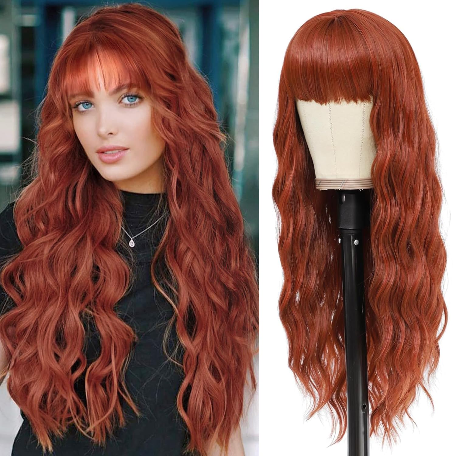 YEESHEDO Long Auburn Red Wigs for Women with Fringe Natural Looking Curly Wavy Synthetic Hair for Ladies Daily or Halloween Cosplay,28 Inches — image 1