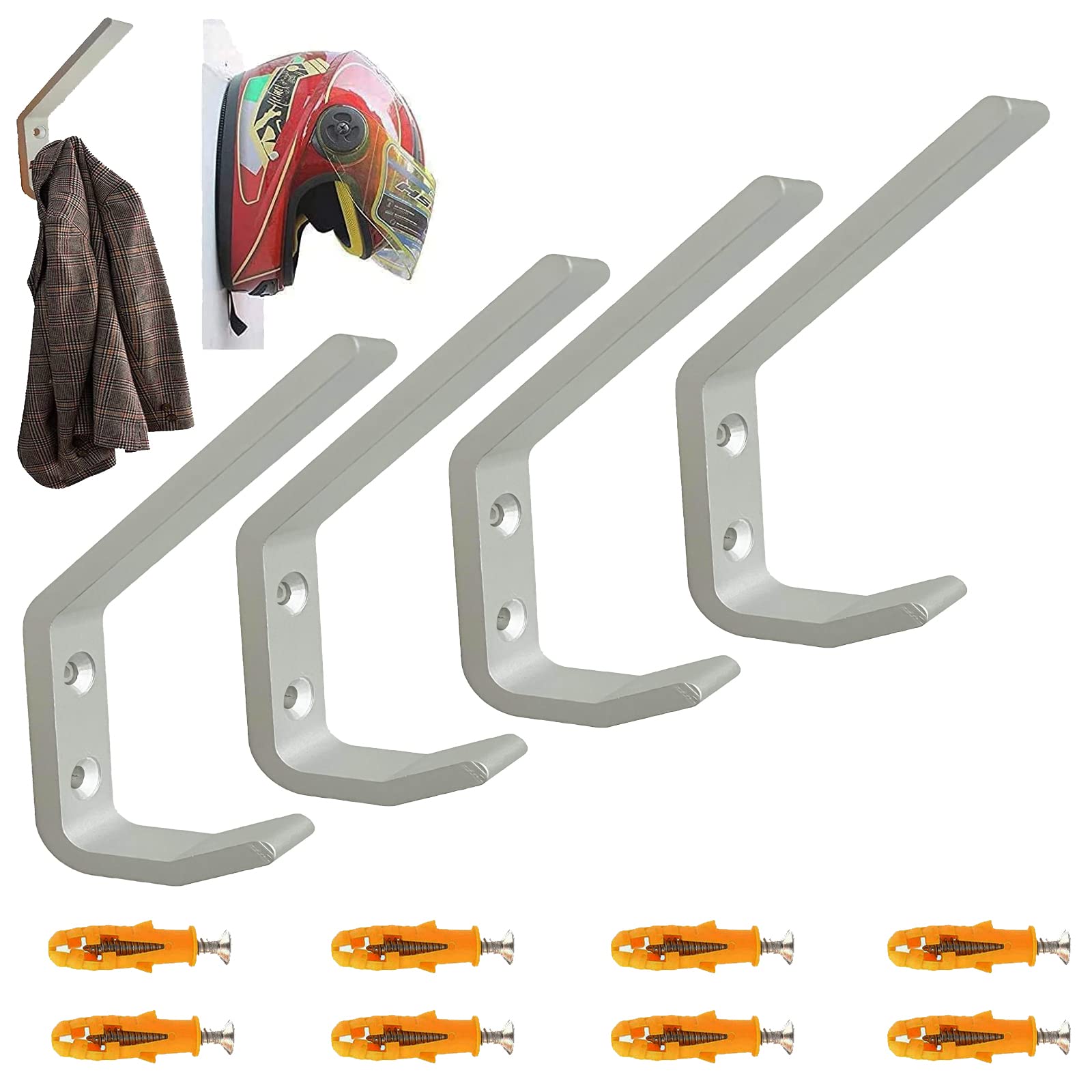 pmsanzay 4 Pack Motorcycle Helmet Holder,Sturdy Aluminium Helmet Display Rack,Jacket Hanger,Wall Mounted Helmet Storage Hook for Glove, Keys,Coat,Backpack - with mounting Screws，No Helmet