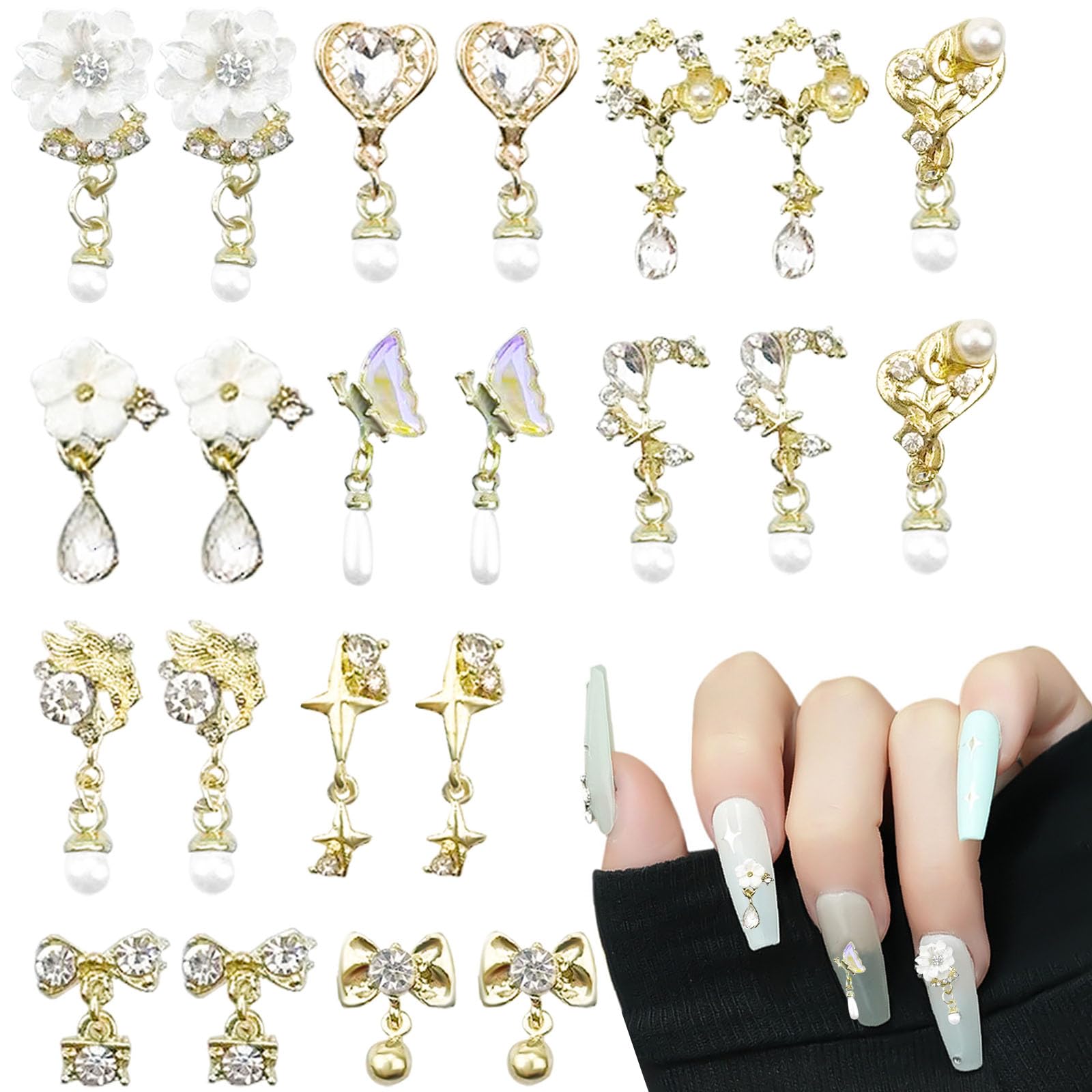 22PCS Flower Nail Charms, 3D Nail Art Accessories Chrome Hearts Nail Charm Nail Rhinestones Gems Vintage Metal Nail Art Decorations Nail Jewelry for DIY Nail Accessories