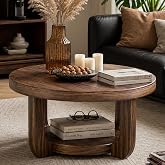BEROXII Round Coffee Table, 2-Tier Circle Coffee Table with Storage (Walnut)