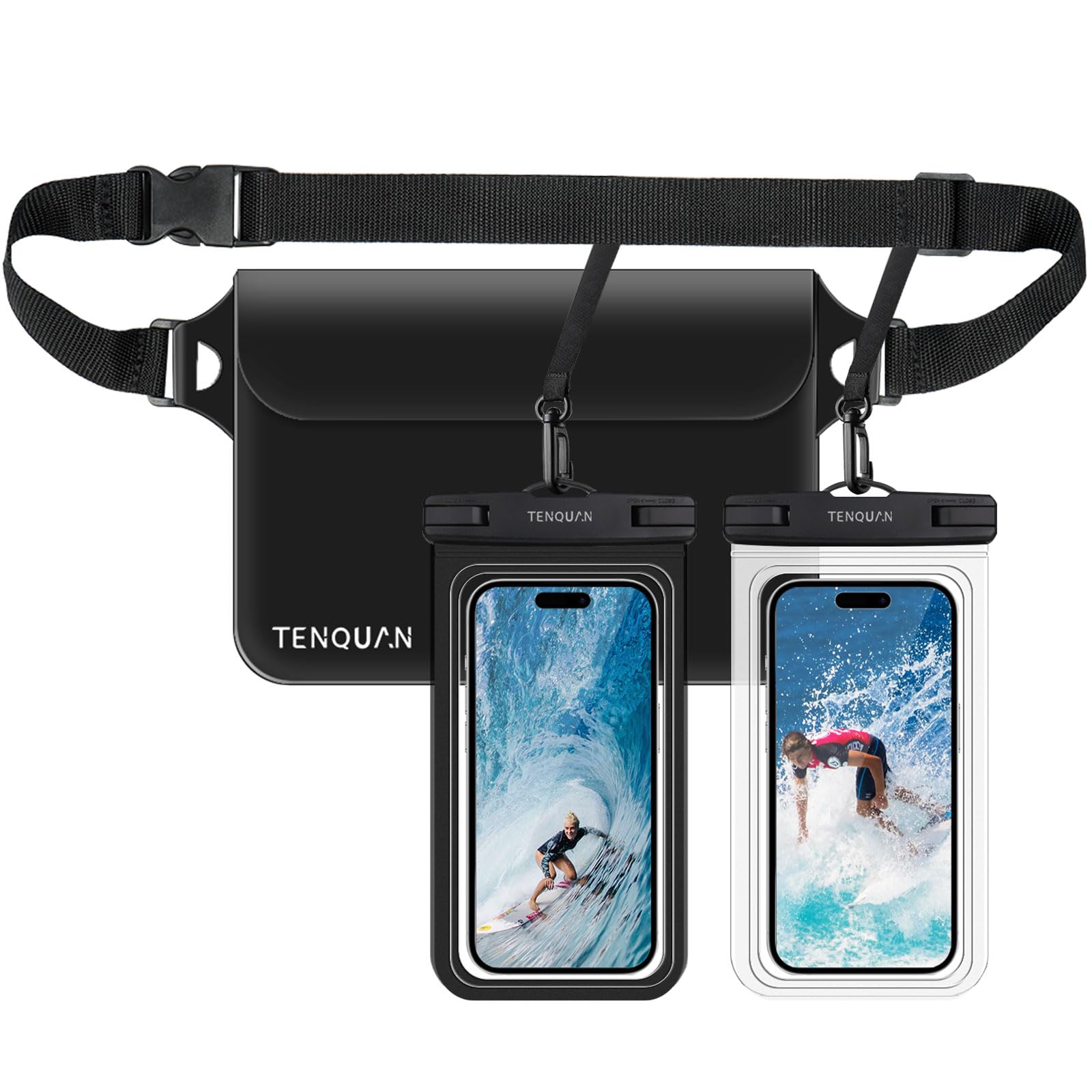 TENQUAN Waterproof Phone Pouch Waterproof Bag, 2 Cellphone Dry Case with Lanyard and 1 Pouch Dry Bag with Waist/Shoulder Strap, Watertight Sealed Underwater for Swimming Boating Bath Fishing Black