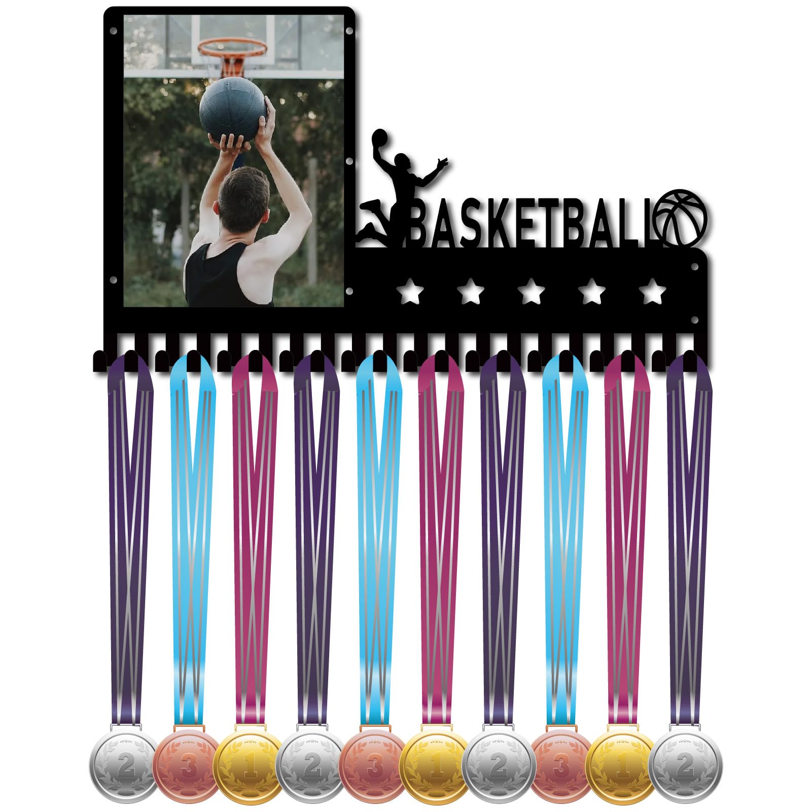CREATCABIN Basketball Medal Hanger Display Medals Holder Rack with Photo Frame Metal Sports Hanging Athlete Awards Wall Mount with 20 Hooks for Football Competition Ribbon Medals Black 16.5x9.8Inch