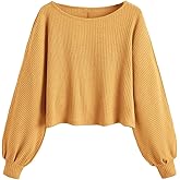 SHENHE Women's Ribbed Knit Long Sleeve Top Crew Neck Oversized Crop Top Sweater Pullover