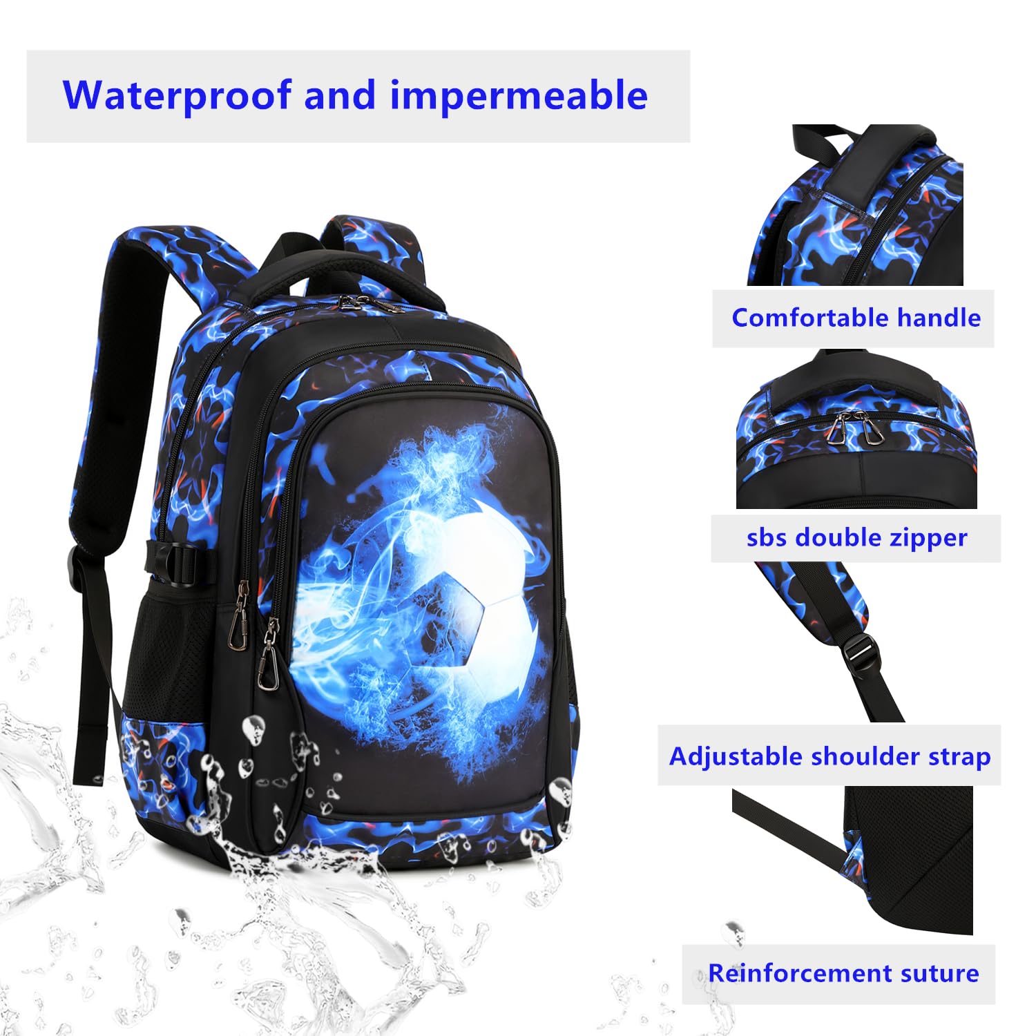 mezhsa Boys Backpack Kids Bookbag Durable Elementary Middle School Bags Soccer 18in (X-Blue)