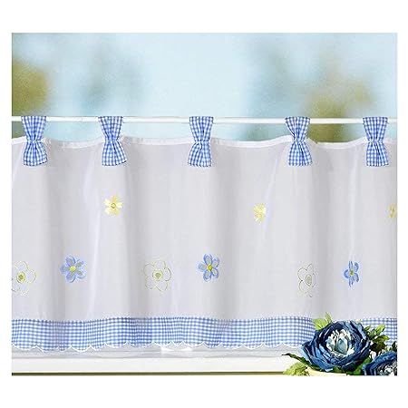 heimtexland Gardine Country Chic Scheibengardine FRÜHLING Vichy-Karo blau Schlaufen-Bistro Landhaus mit Blumen Bestickt HxB 4