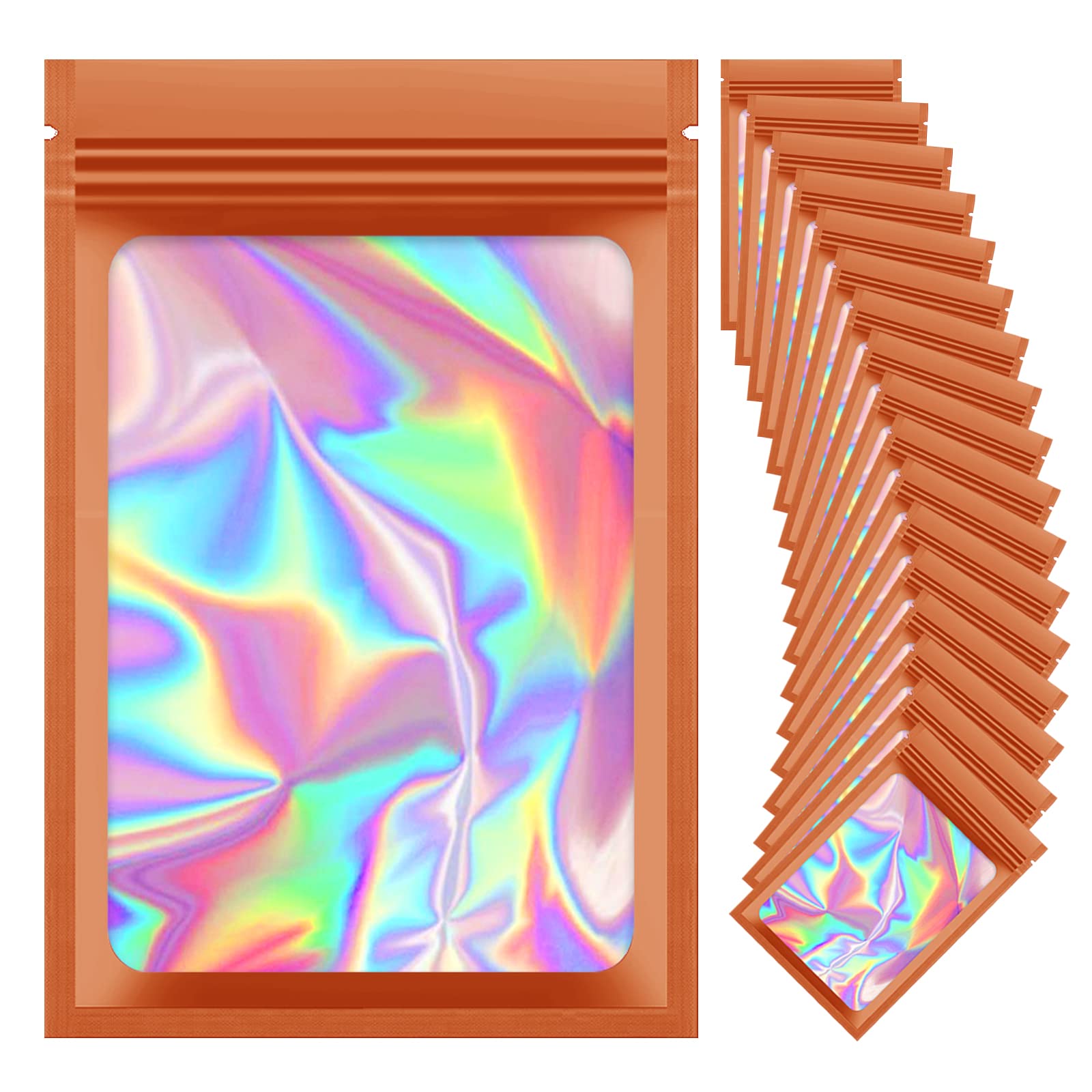 Photo 1 of 100 Pieces Resealable Mylar Bags, Small Holographic Packaging Bags, Smell Proof Mylar Bags for Food Storage/Jewelry/Eyelash for Small Business (Orange, 4.7x7.8 Inch)