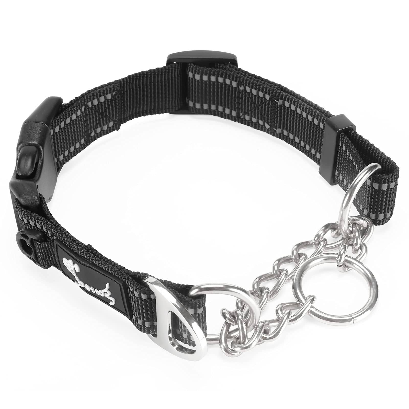 PETTOM Half Choke Dog Collar, Reflective Martingale Dog Choke Collar, Adjustable Dog Training Collar with ID Ring and Safety Buckle Small Dog Collar (S: 37.5-43 CM, Black)