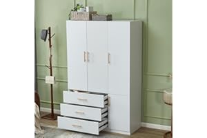 Sophshelter Wood Wardrobe Armoire Storage Cabinet: 3 Door 2 Drawers White Closet Wardrobe for High Storage Capacity with 3 Shelves and Handles Cabinet Closet 47.3" L x 20.3" W x 78.7" H