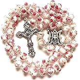 elegantmedical Handmade ROSE PINK Veluriyam ROSE BEADS ROSARY & ITALY CROSS MEDAL Catholic necklace GIFT BOX