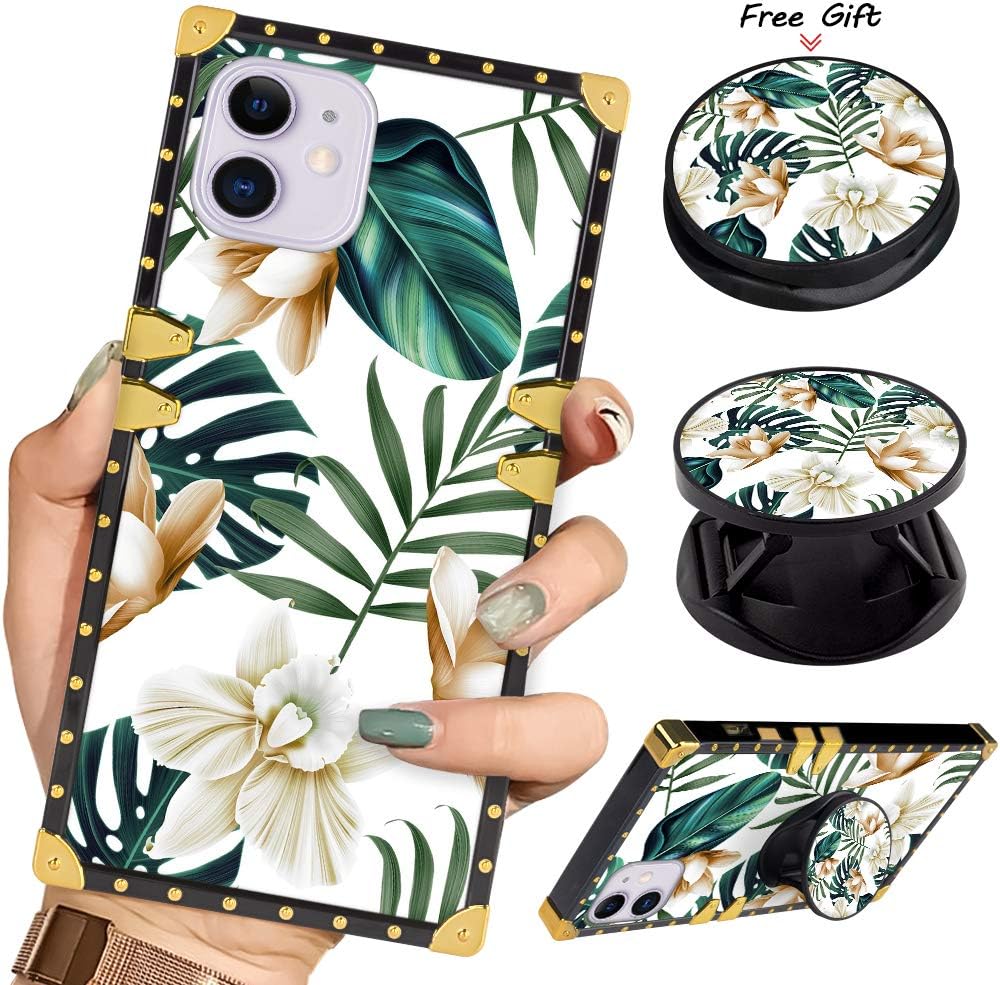 Square Phone Case iPhone 11 Pro Max 6.5 Inch 2019 Leaves and Flowers Retro Elegant Soft TPU Design Cover