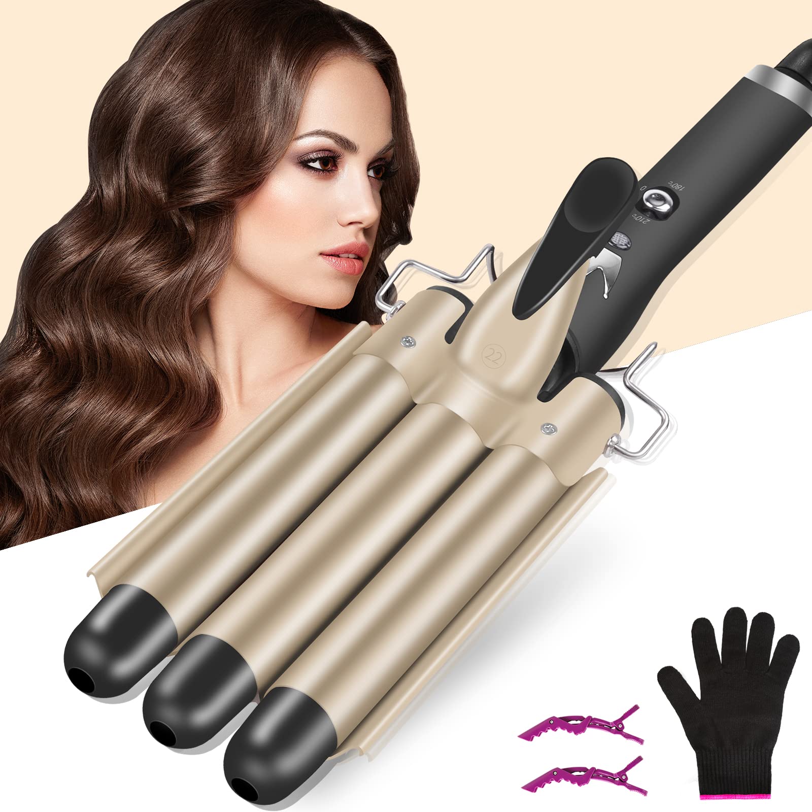 Hilifexll Hair Curler 22mm, 3 Barrel Waver for Long & Short Hair, Quick Heating, 2 Temperature Control, Mermaid Styling Tool with Heat-Resistant Gloves