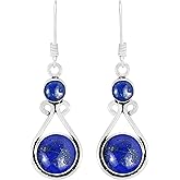 Round Shape Natural Gemstones Dangle Earrings for Women - 925 Sterling Silver Plated Dangle & Drop Handmade Jewelry Earrings - Gifts for Wedding, Anniversary, Christmas, Valentine's Day, New Year