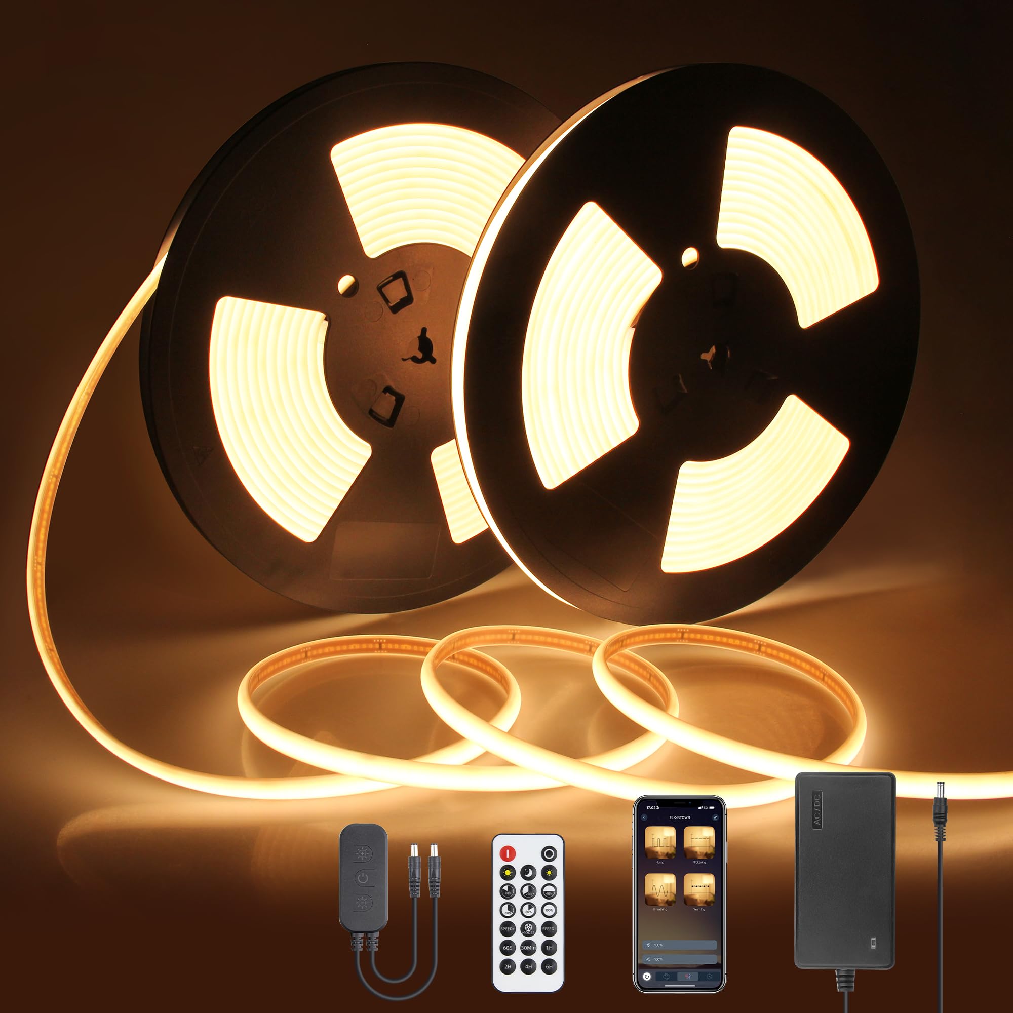 Photo 1 of Samsion 65.6FT 24V Dimmable COB LED Strip Light Waterproof Outdoor Warm White 6000K High Density 320LED/M Bluetooth Flexible LED Tape Light with Remote for Bedroom Cabinets Garden CRI90+ (20M/2roll)