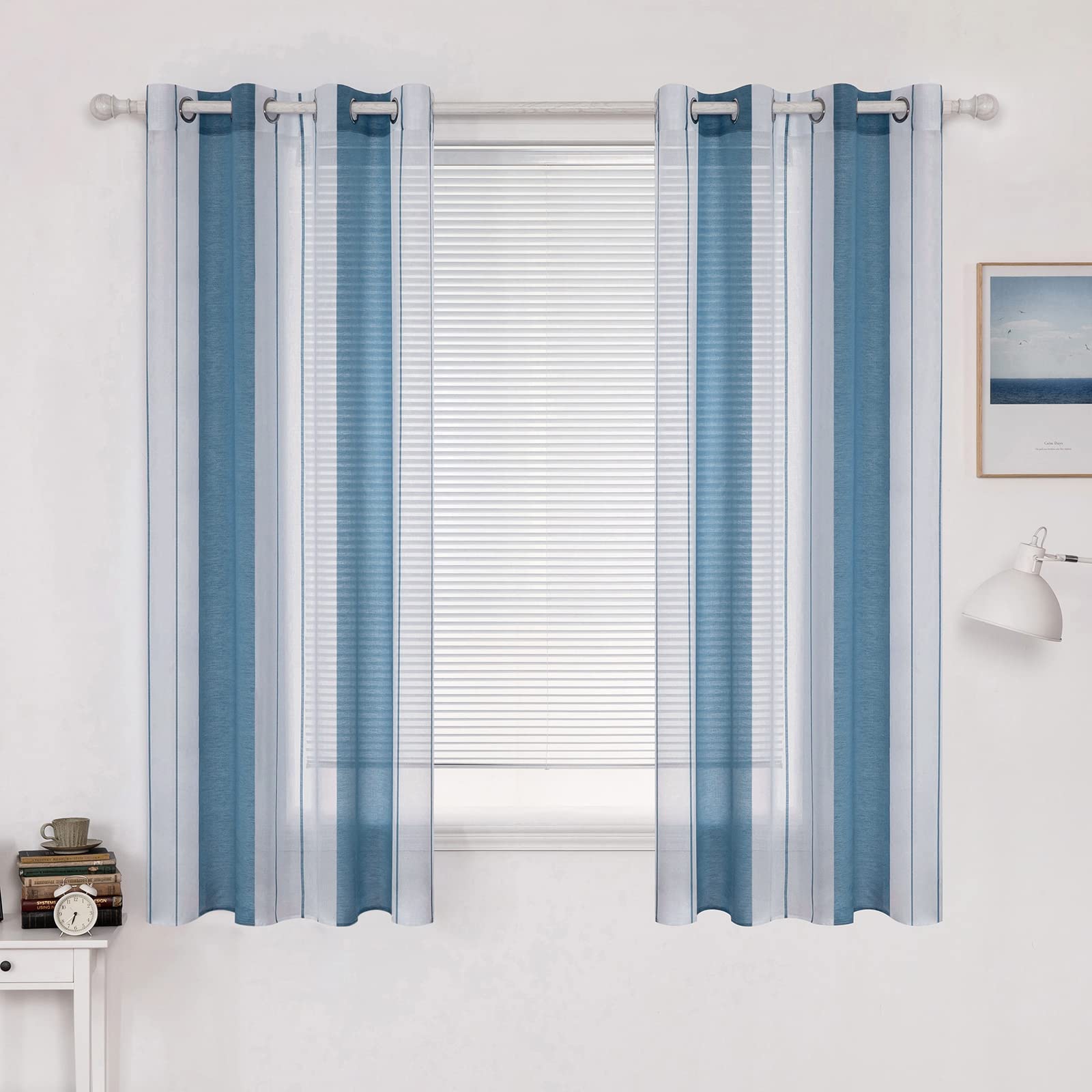 MIULEE Voile Curtains Semi Transparent Soft Elegant Decorative Classic Striped Curtain Translucent Eyelet Top Window Curtain Polyester for Bedroom Living Room 2 Panels 55"Wx69"L 140x175cm ClassicBlue โ image 1