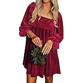 miduo Womens Loose Fit Square Neck Long Sleeve Velvet Mini Babydoll Dresses Shift Dress