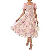 GRACE KARIN Women's Summer Floral Maxi Dress 2026 Square Neck Smocked Mesh Dresses Short Sleeve Wedding Guest Sundress