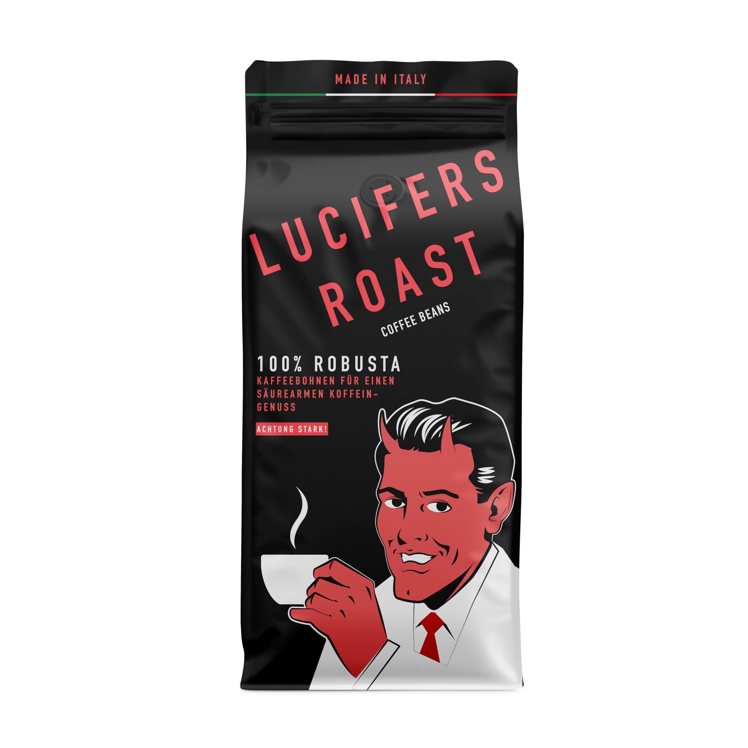 LUCIFERS ROAST 1kg Kaffeebohnen aus Italien - sehr starker Espresso dark roast - säurearm - für Kaffeevollautomaten oder Siebträger - 100% Robusta (ganze Bohnen, 1kg)