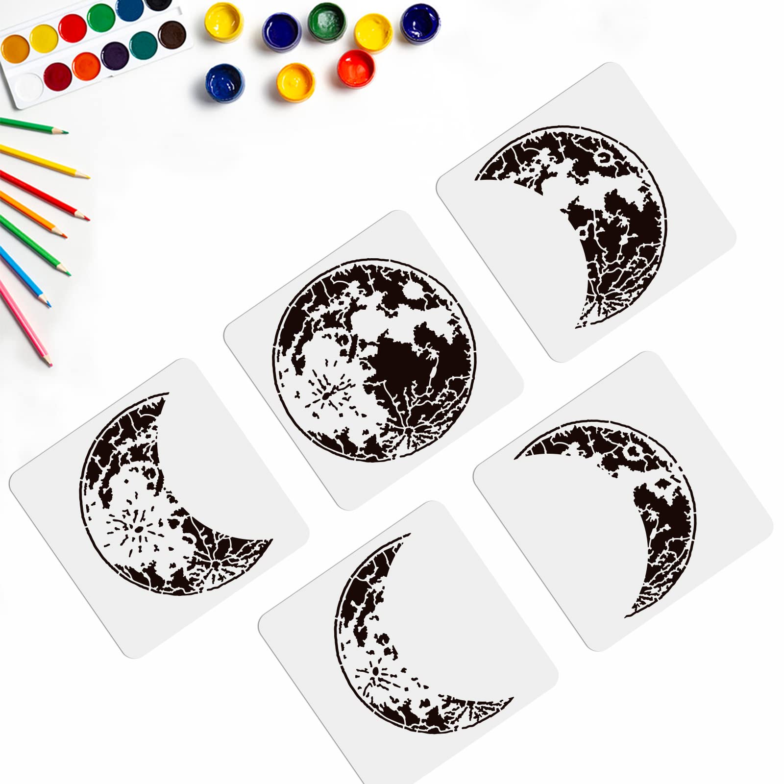 MAYJOYDIY Moon Phase Stencils, 30 x 30 cm, 5 Pieces, Reusable PET Plastic Templates for Wall Art, Home Decor