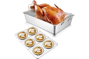 16 Inch Roasting Pan with Rack, Leonyo Turkey Roasting Pan, Stainless Steel Large Roaster Pan with Rack Non Stick Baking Pans for Cooking Ham, Chicken, Cake, Lasagna, Casserole