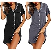 Samring 2 Pack Nightgowns for Women Short Sleeve Sleepwear Button Down Nightshirts Sleep Shirts Boyfriend Pajama Dress