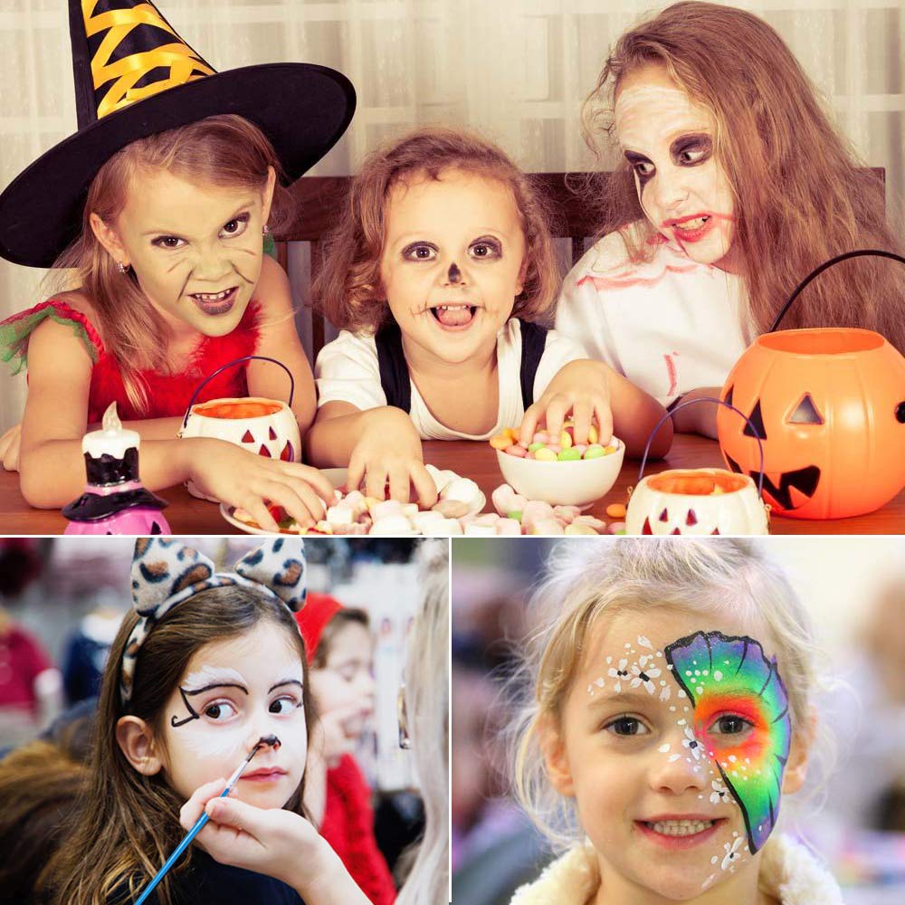 Mieutoy Face Paint Set - 16 Color Washable Eco-friendly Body Paint Make-up Oil Painting Palette Color Panels with 3 Brushes, 2 Stickers, Halloween Decorations for Adults & Kids Party
