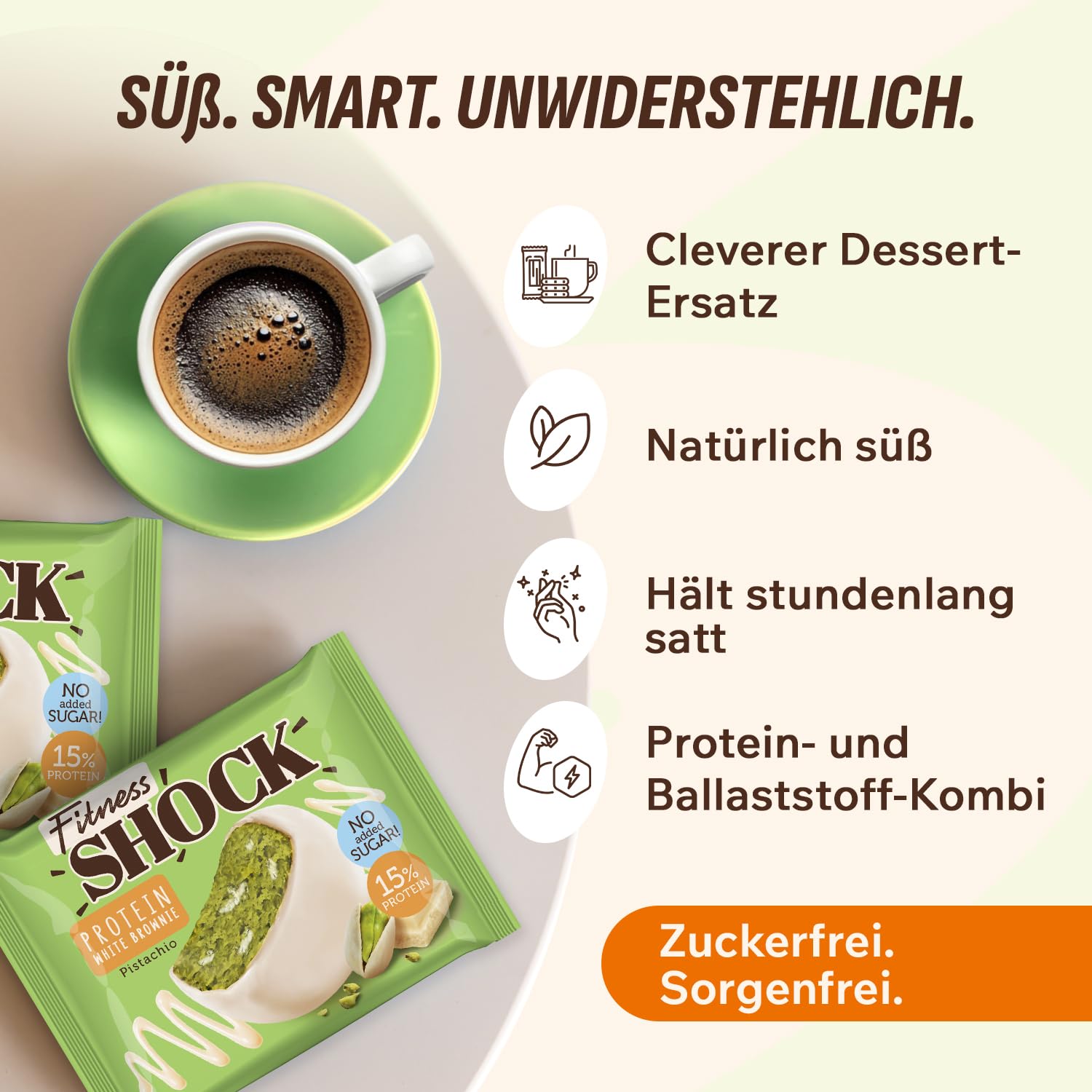 FitnesSHOCK Protein Brownie Snack ohne Zusatz von Zucker, Kekse mit 15% Eiweiß, Weiße Schokolade, sättigende Ballaststoffe, low carb, weiche Konsistenz, 10 Stück х 50g - Pistazien Geschmack 6