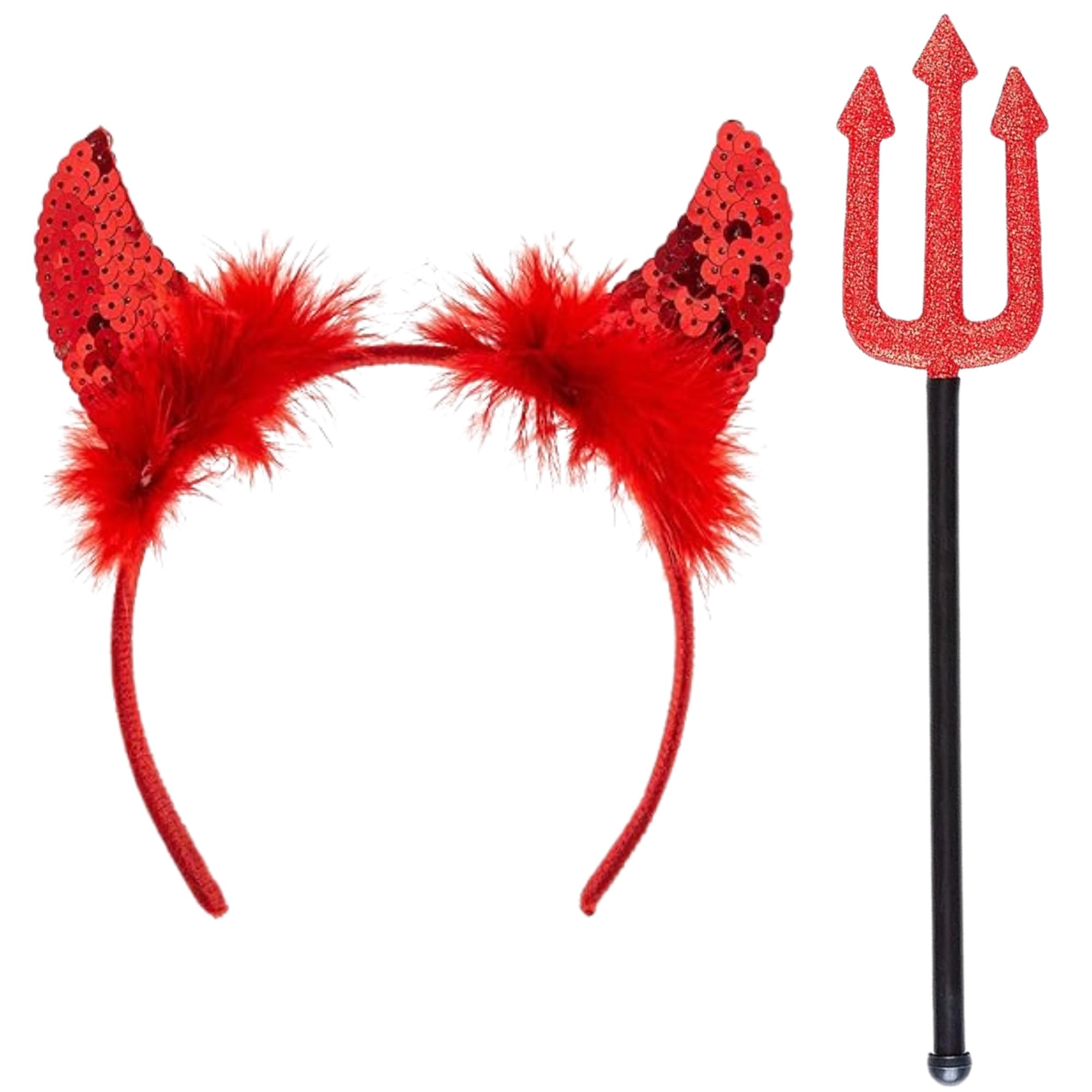 2pc Sequin Red Devil Horns Headband and Pitchfork for Red Devil Costume Women Halloween Accessories - Pitchfork and Costume Horns Halloween Headbands for Women Fancy Dress