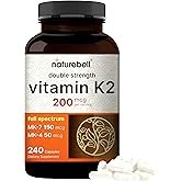 NatureBell Full Spectrum Vitamin K2 Supplement with MK-7 & MK-4, 200 mcg, 240 Capsules | 2 in 1 Formula, K Vitamins Complex – Supports Bone, Joint, and Heart Health – Non-GMO
