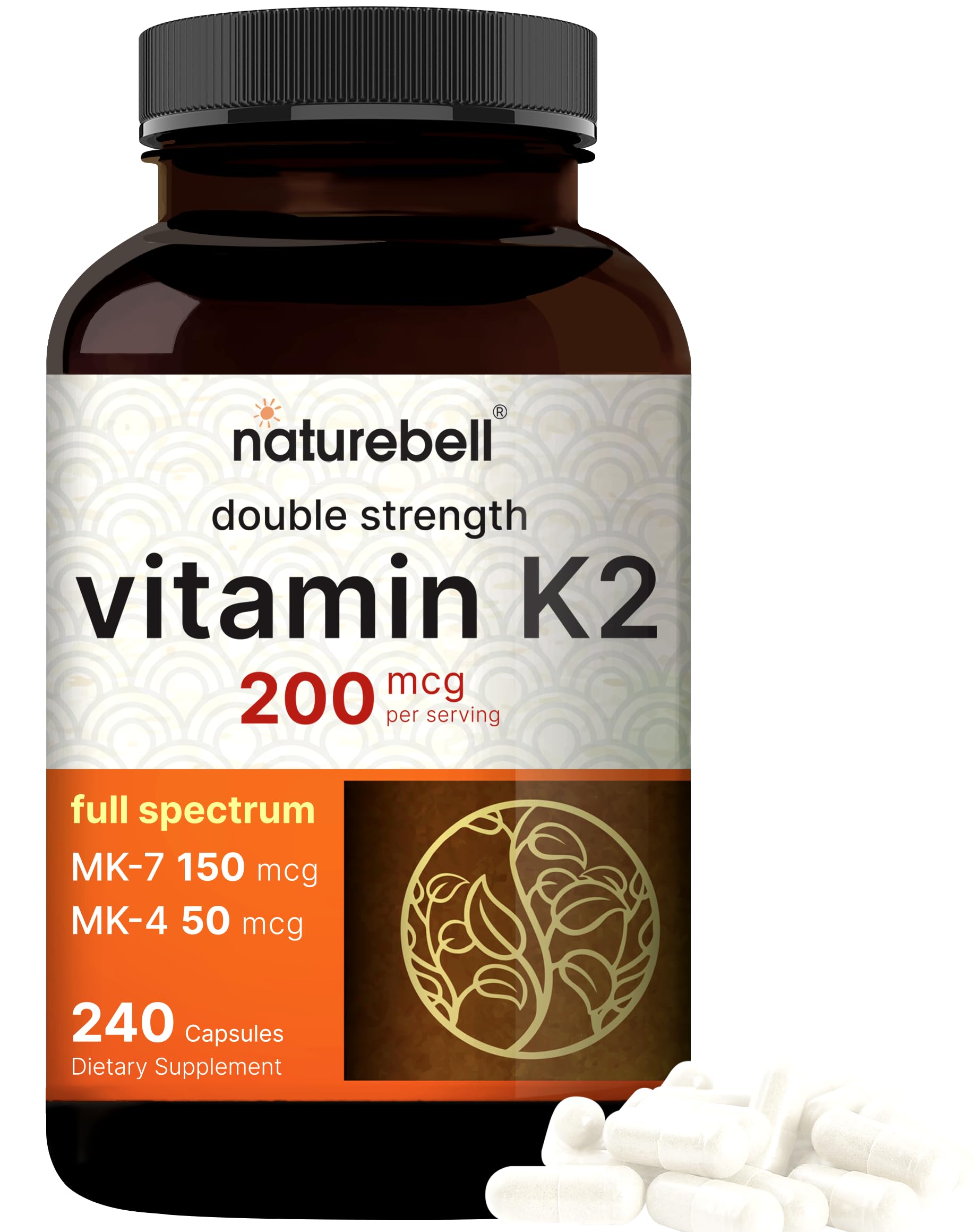 NatureBell Full Spectrum Vitamin K2 Supplement with MK-7 & MK-4, 200 mcg, 240 Capsules | 2 in 1 Formula, K Vitamins Complex – Supports Bone, Joint, and Heart Health – Non-GMO