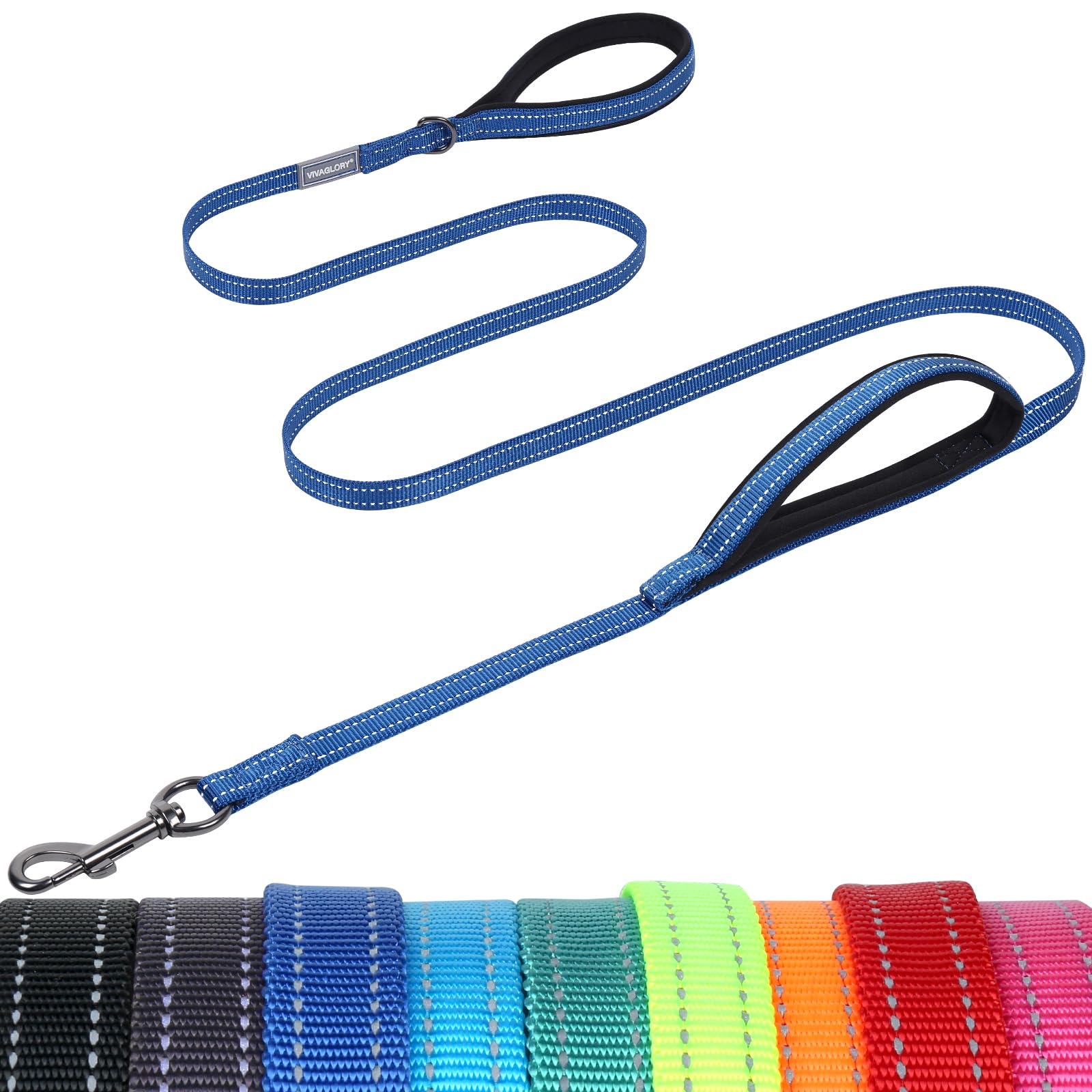 VIVAGLORY Dog Lead Twingrip Double Handle Dog Lead, Leash with Traffic Handle & 2 Loop for Walking & Training, Traffic Control Reflective Heavy Duty for Puppy Pet, 1.8m x 1.4cm, Blue