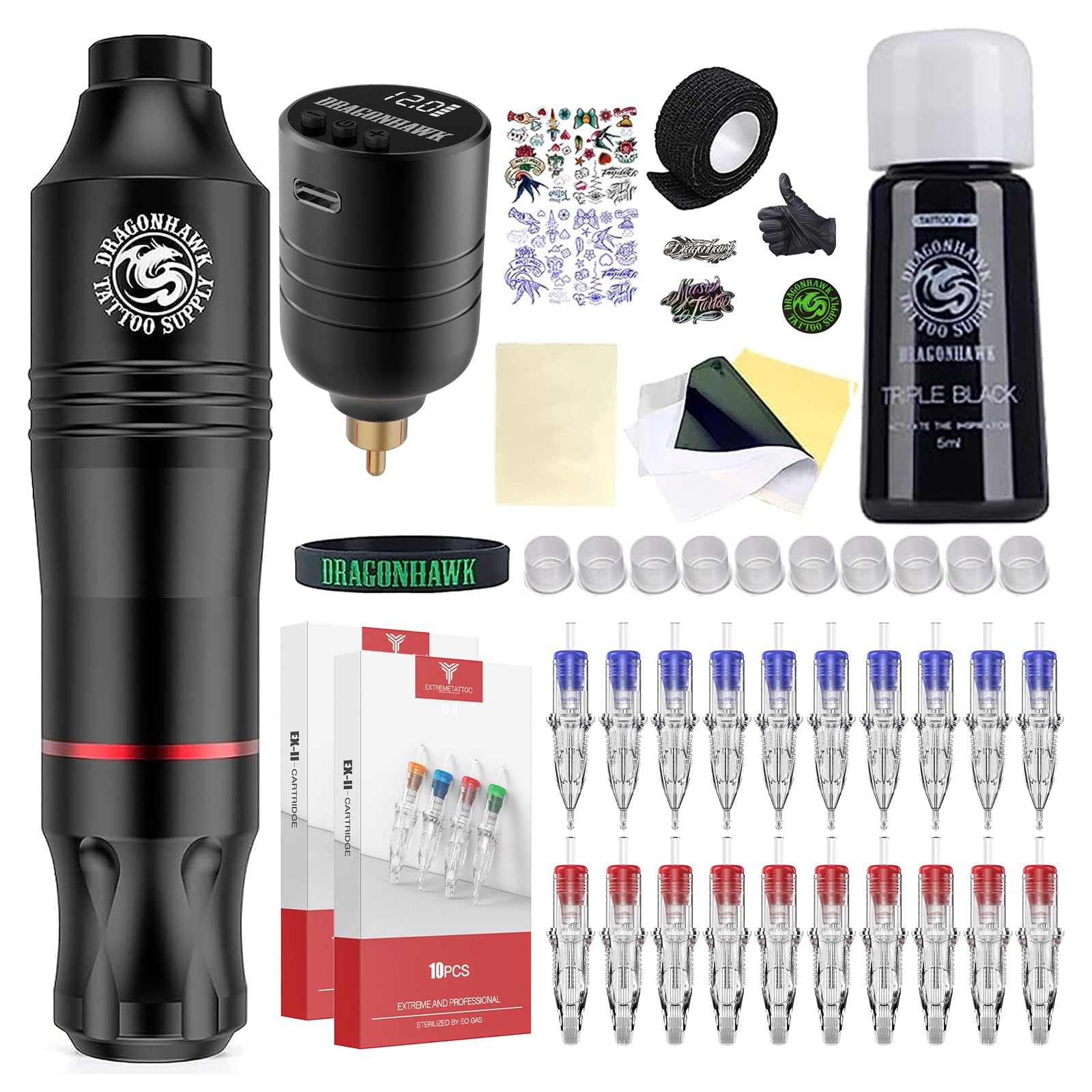 Dragonhawk Atom Wireless Tattoo Gun Pen Machine Kit - Kit completo de tatuaje para principiantes con 20 agujas de cartucho, fuente de alimentación de batería para sombreado de revestimiento