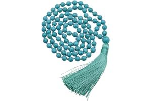 Create idea 8mm Blue Turquoise Necklace Boho Vintage Long Beaded Tassel Handmade-Knotted Retro Necklace Round Ball Bead Gemst